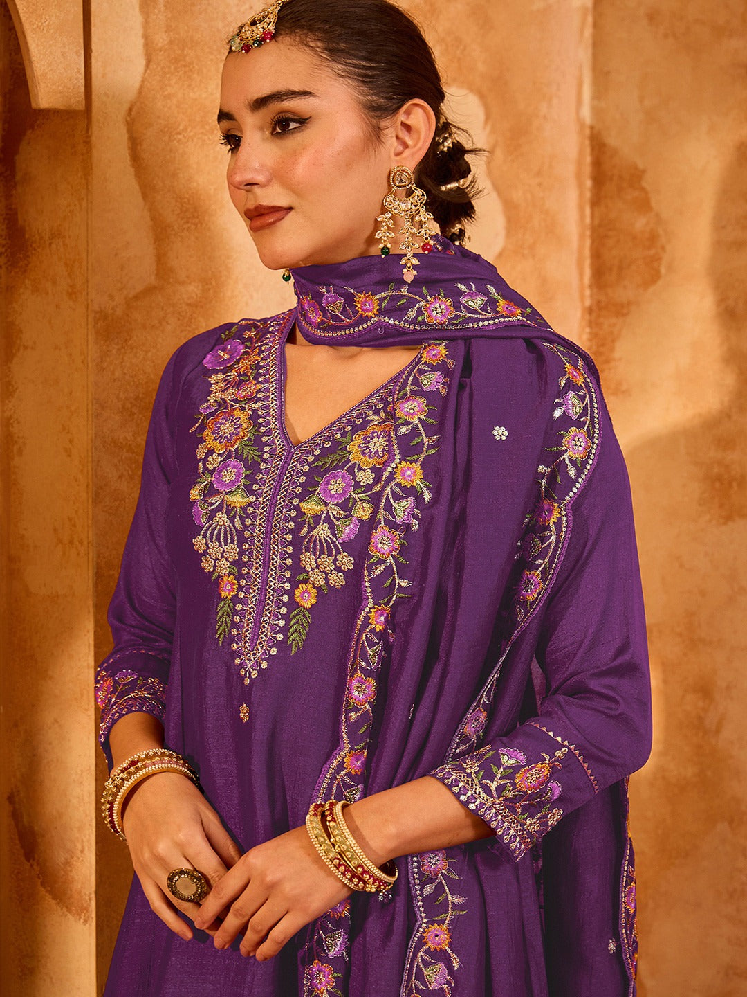 Women's Purple Floral Embroidered Anarkali Kurta Pant Set with Dupatta