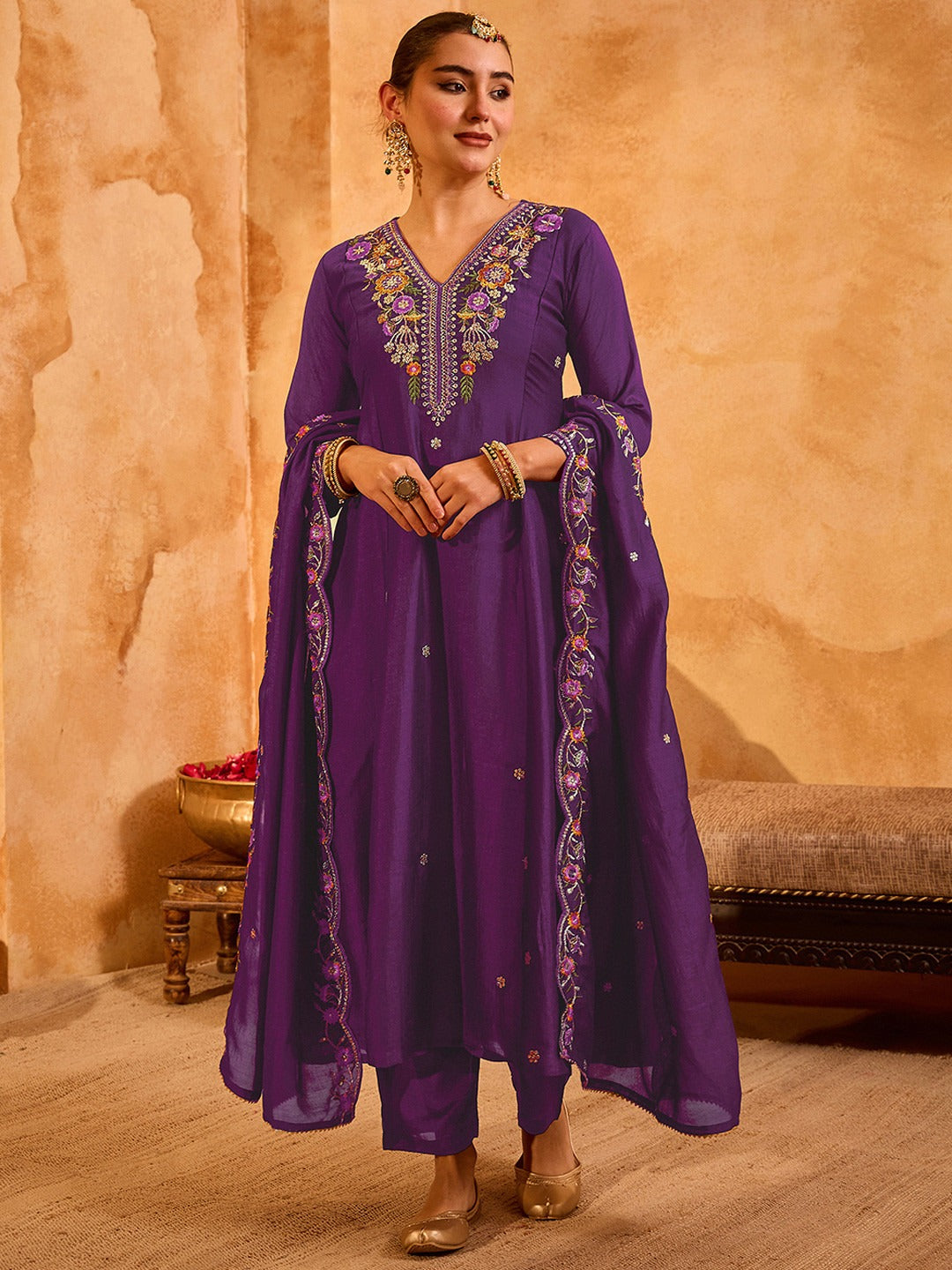 Women's Purple Floral Embroidered Anarkali Kurta Pant Set with Dupatta
