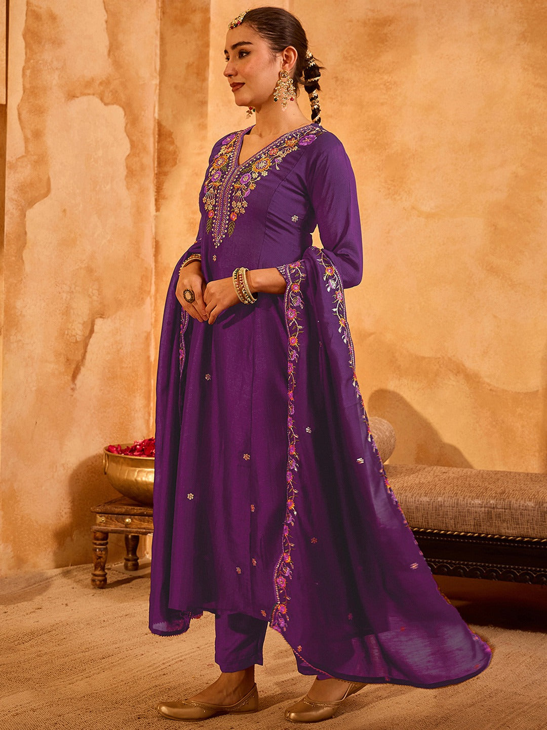 Women's Purple Floral Embroidered Anarkali Kurta Pant Set with Dupatta