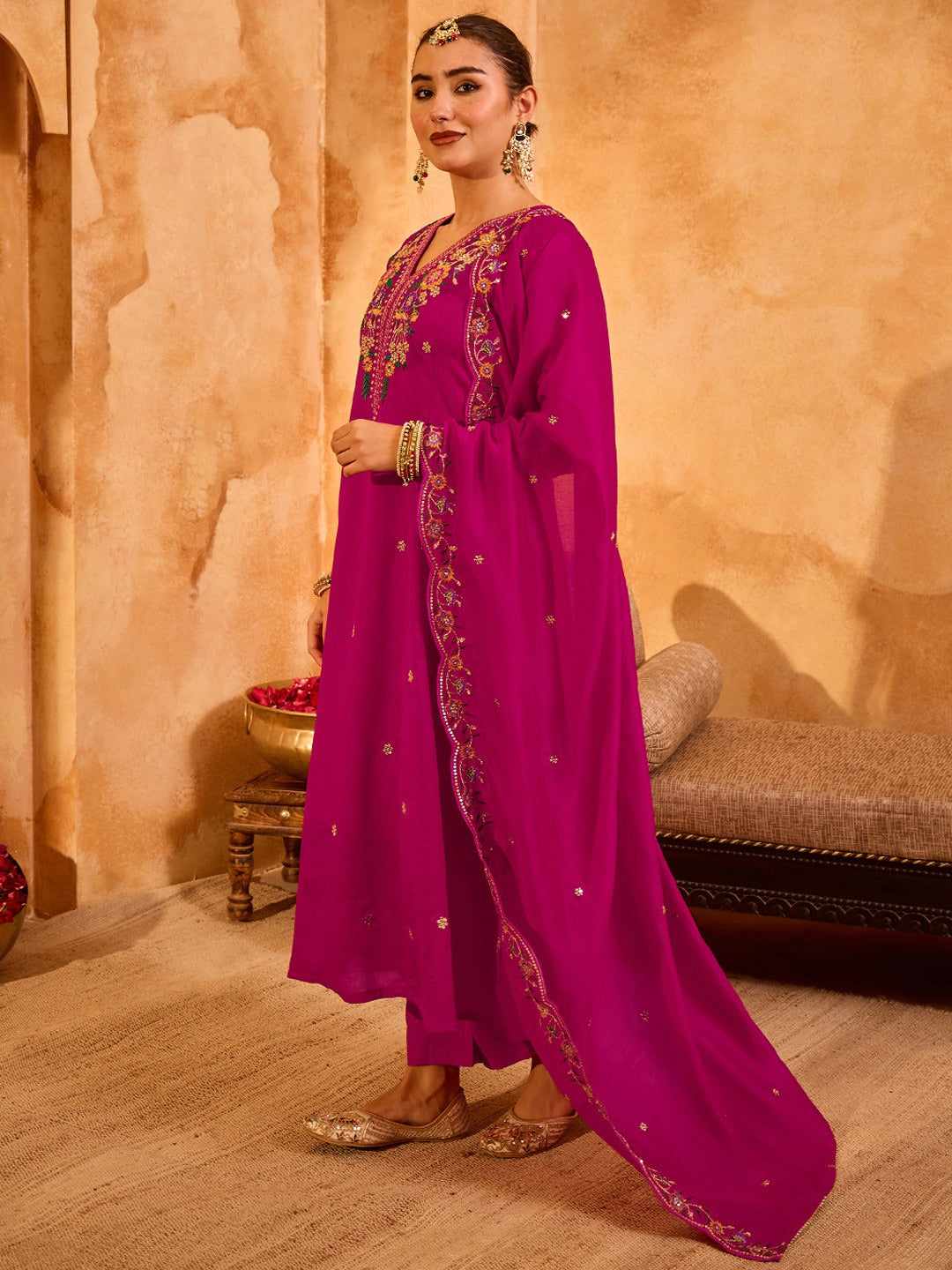 Women's Magenta Floral Embroidered Anarkali Kurta Pant Set with Dupatta
