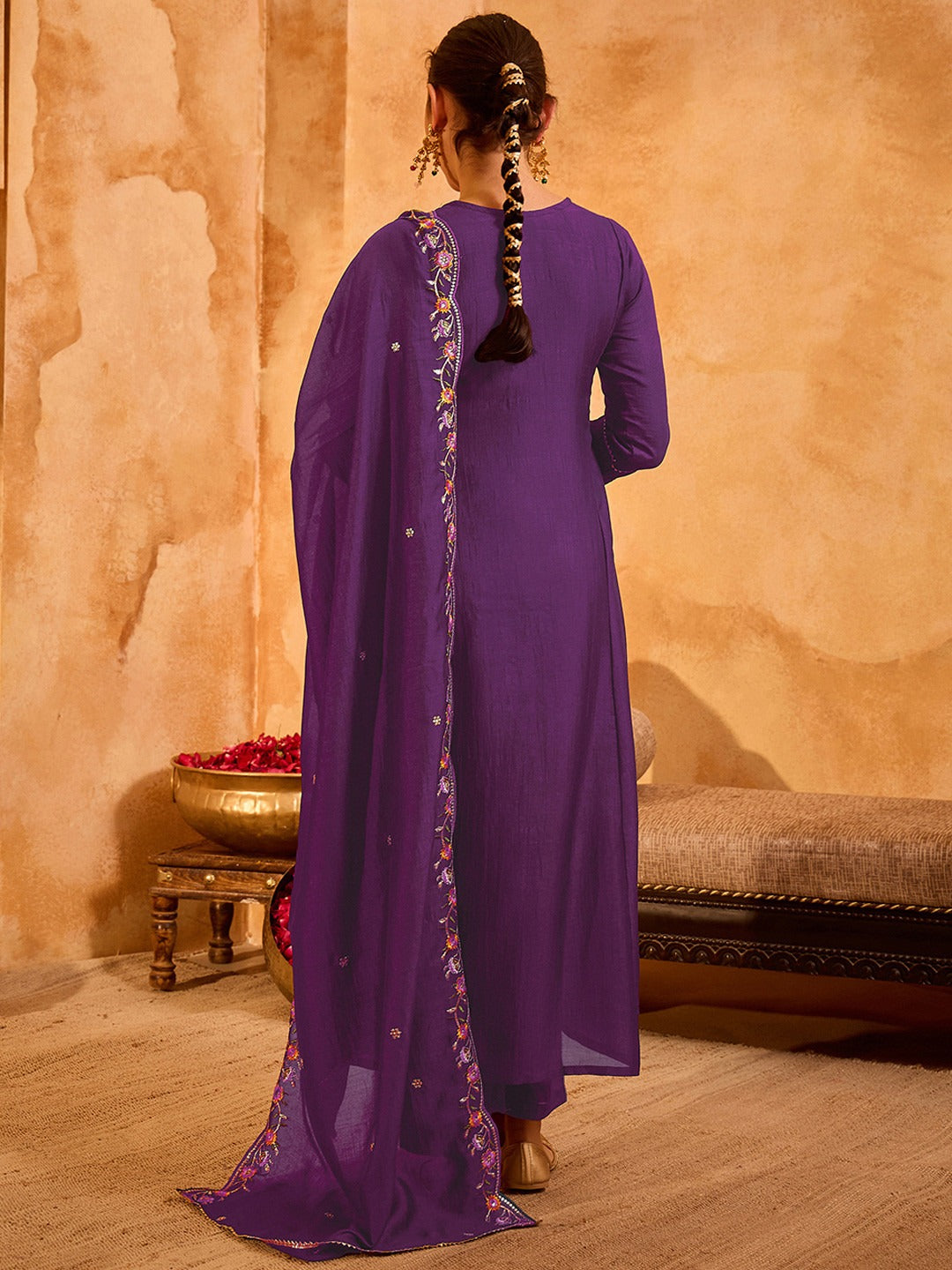 Women's Purple Floral Embroidered Anarkali Kurta Pant Set with Dupatta