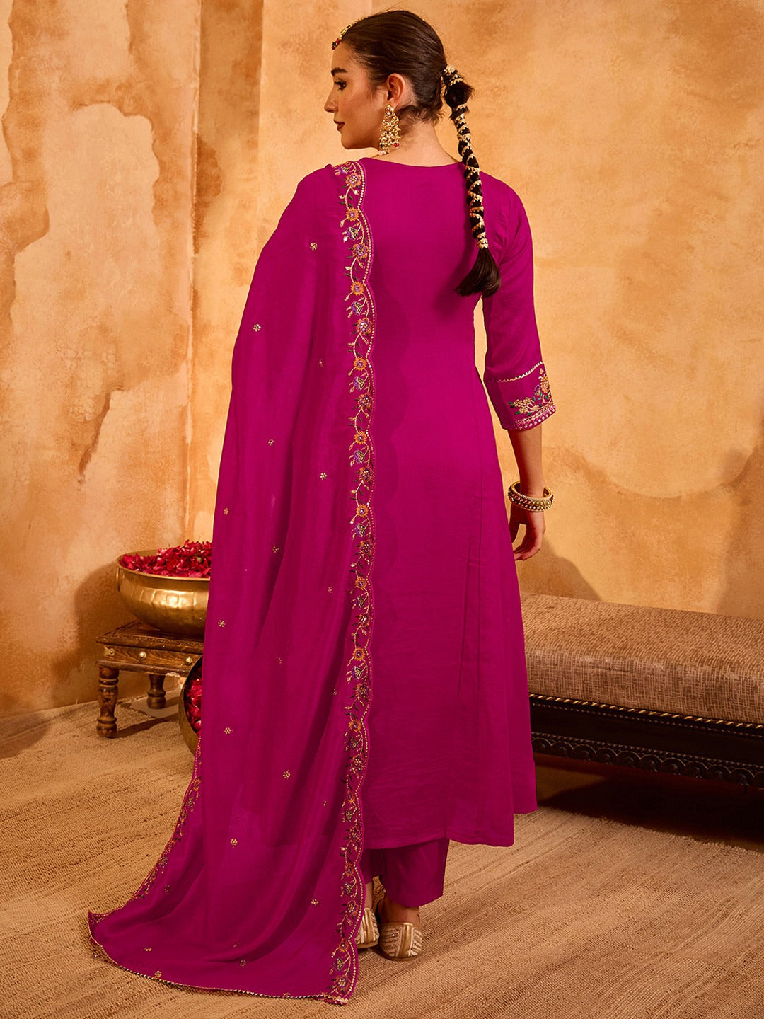 Women's Magenta Floral Embroidered Anarkali Kurta Pant Set with Dupatta