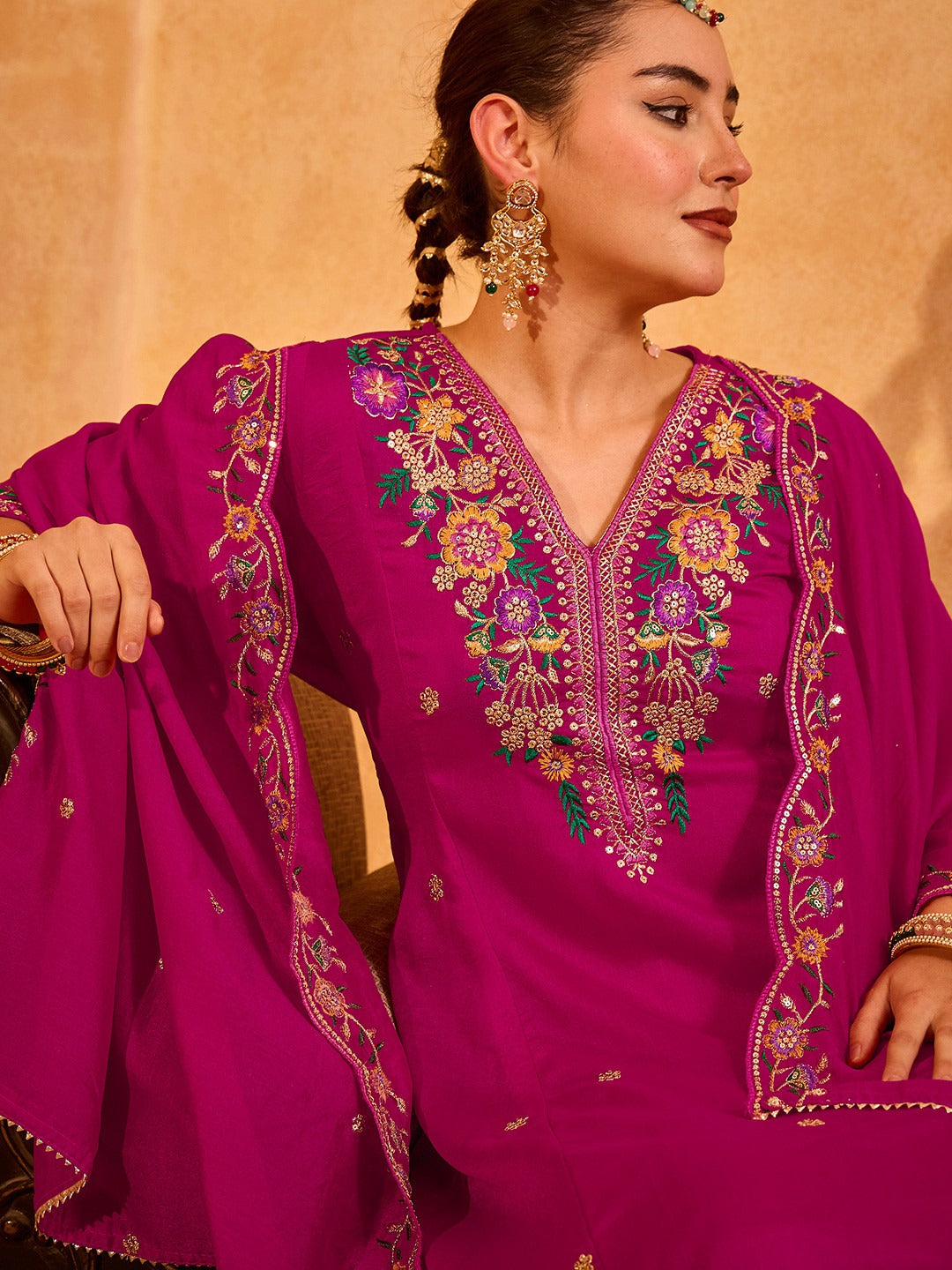 Women's Magenta Floral Embroidered Anarkali Kurta Pant Set with Dupatta