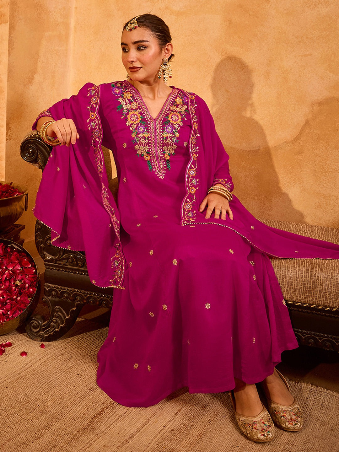 Women's Magenta Floral Embroidered Anarkali Kurta Pant Set with Dupatta