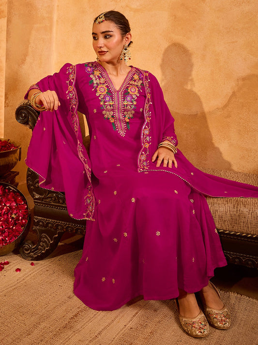 Women's Magenta Floral Embroidered Anarkali Kurta Pant Set with Dupatta