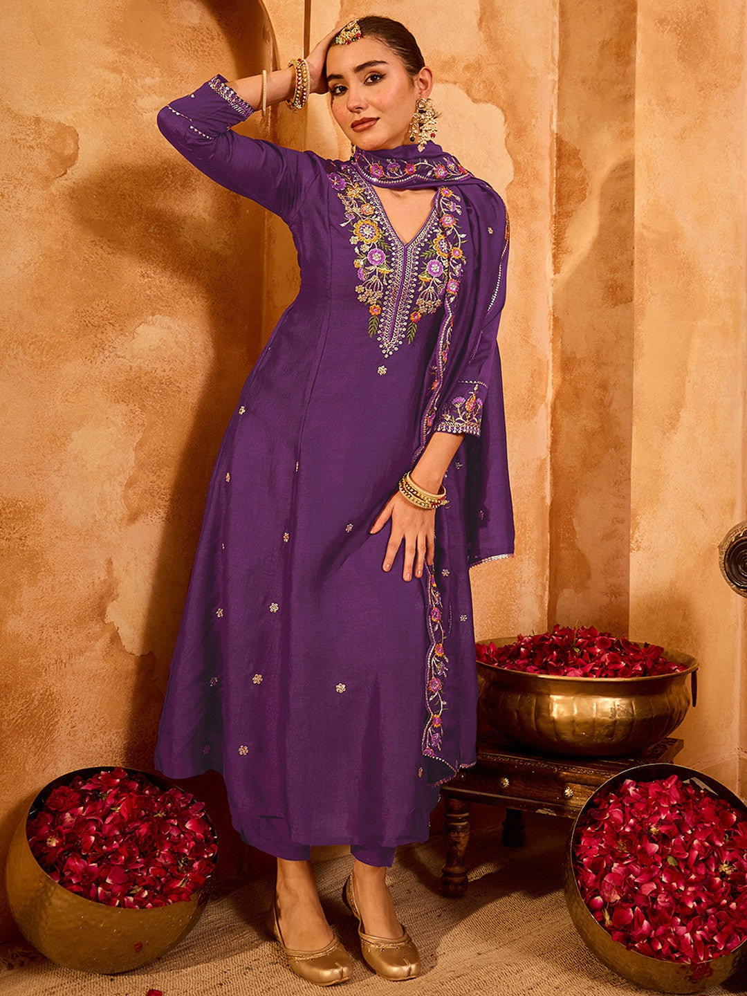 Women's Purple Floral Embroidered Anarkali Kurta Pant Set with Dupatta