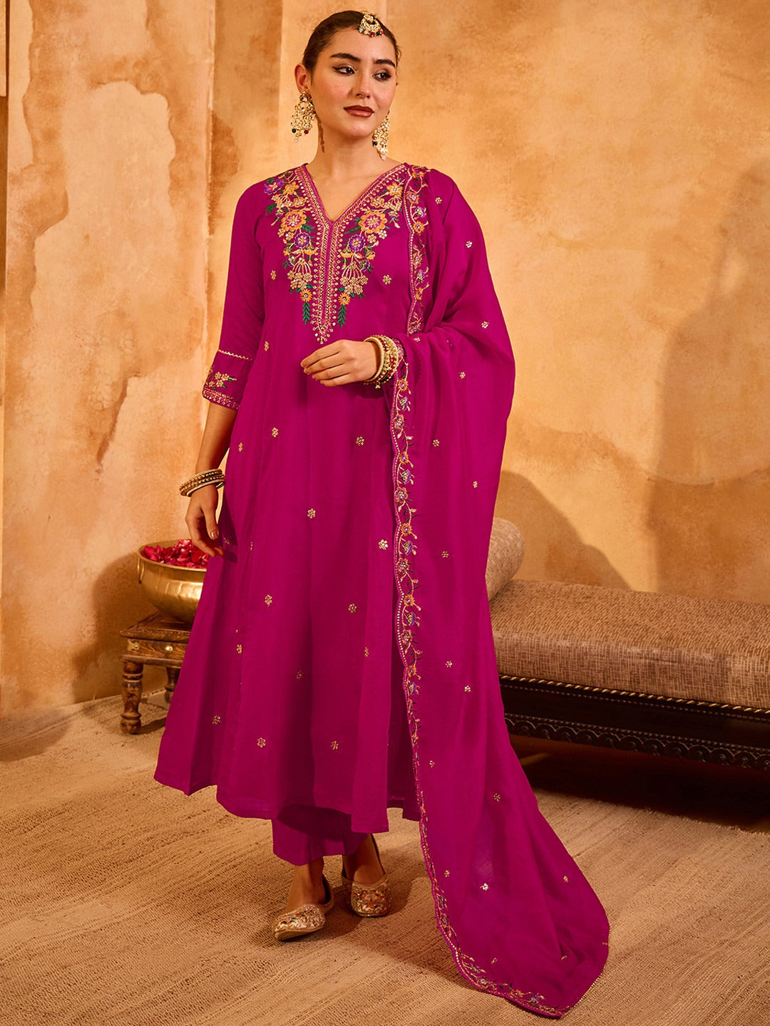 Women's Magenta Floral Embroidered Anarkali Kurta Pant Set with Dupatta