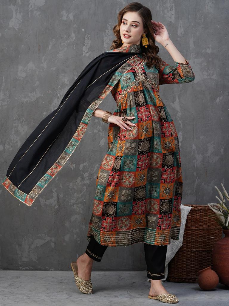 Women's Embroidered Aliya Cut Kurta and Pant with Dupatta Set