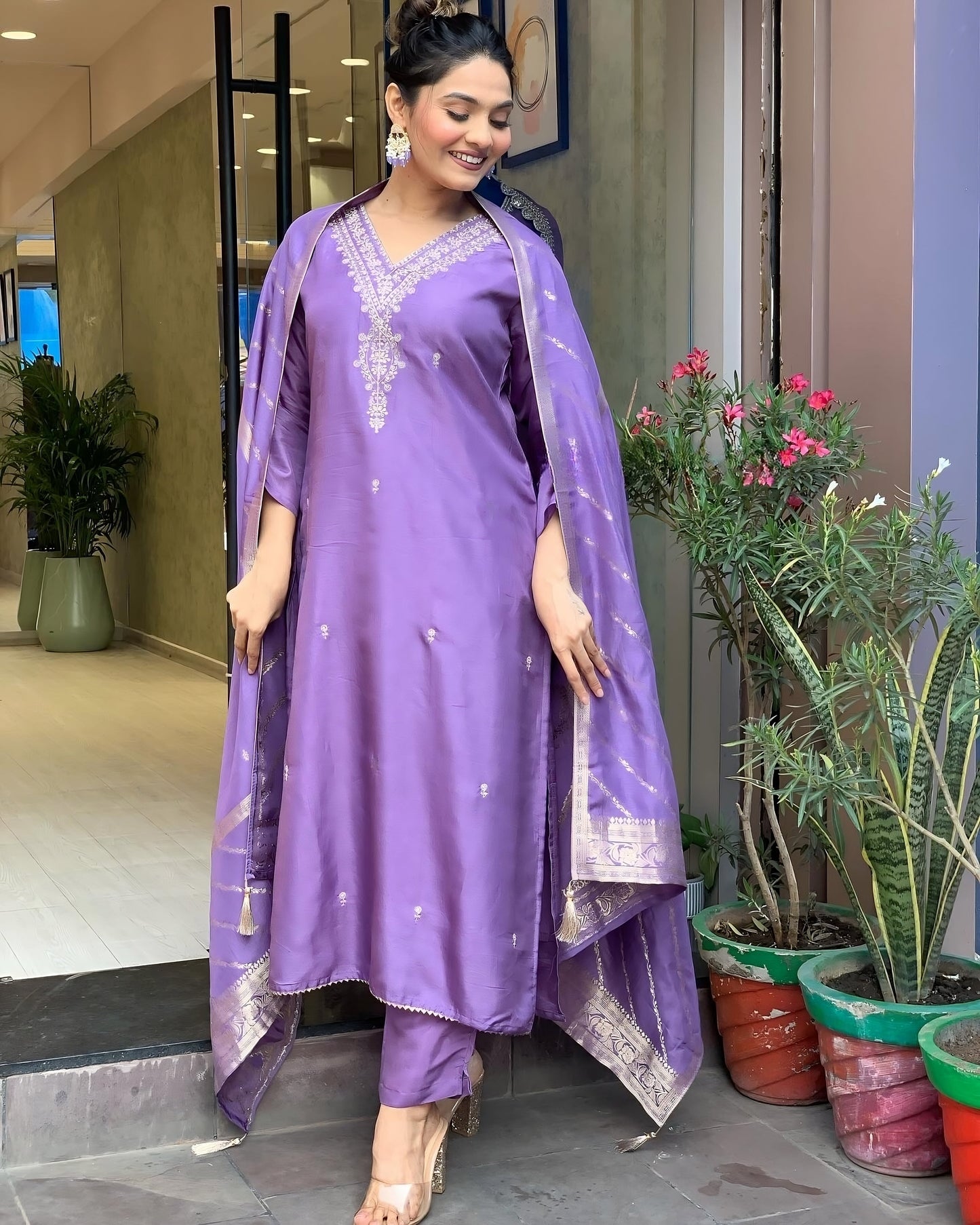 Embroidery Lavender Kurta and Pant with Dupatta Set