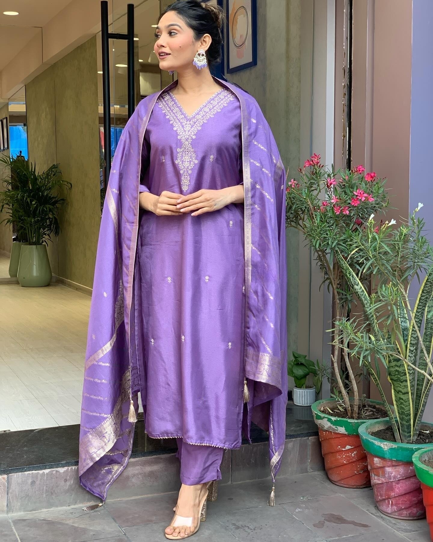 Embroidery Lavender Kurta and Pant with Dupatta Set