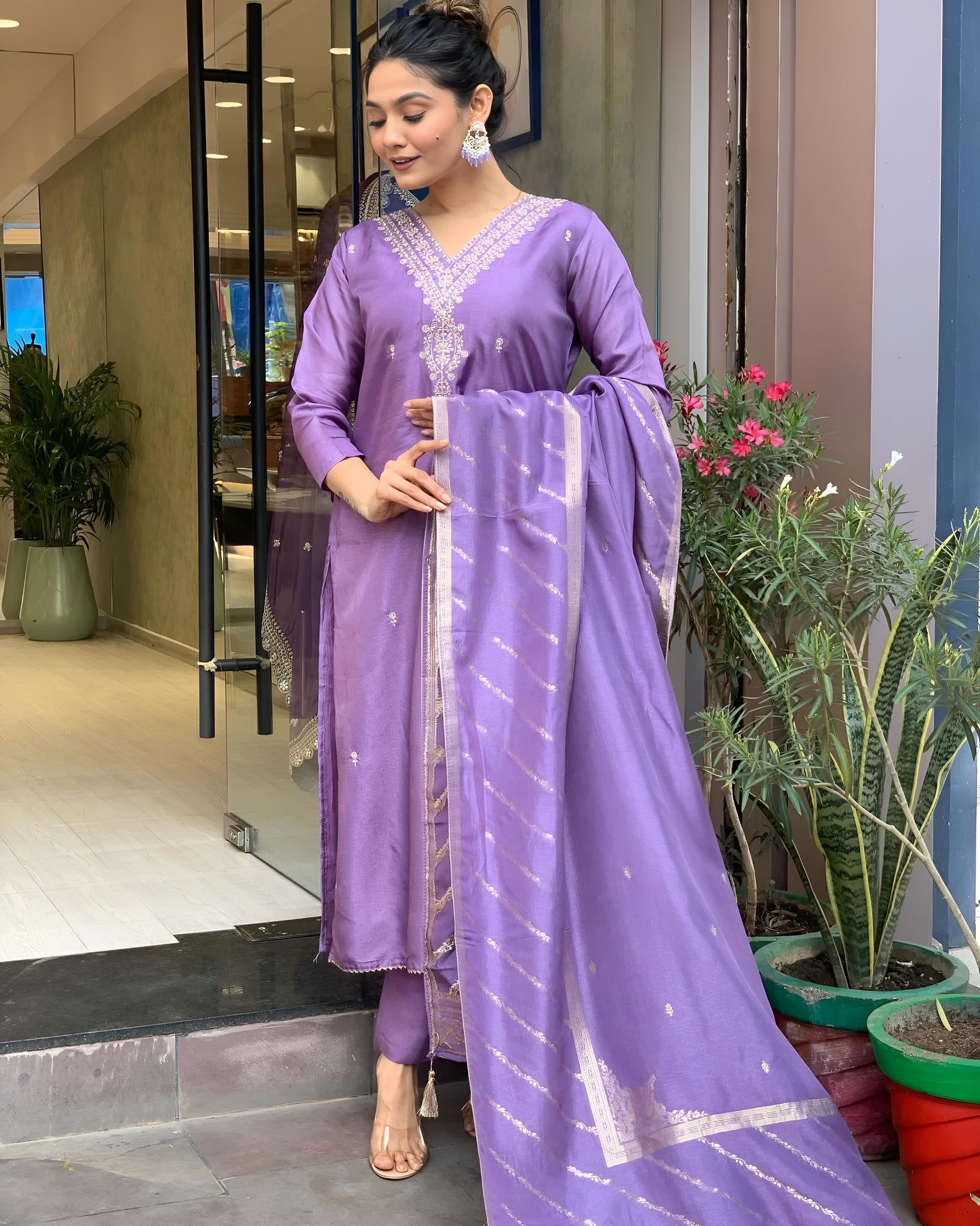 Embroidery Lavender Kurta and Pant with Dupatta Set