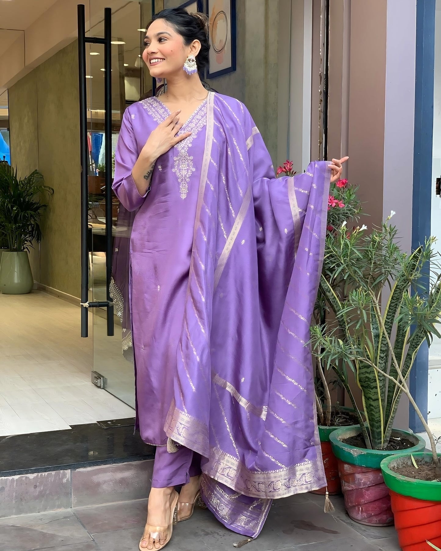 Embroidery Lavender Kurta and Pant with Dupatta Set