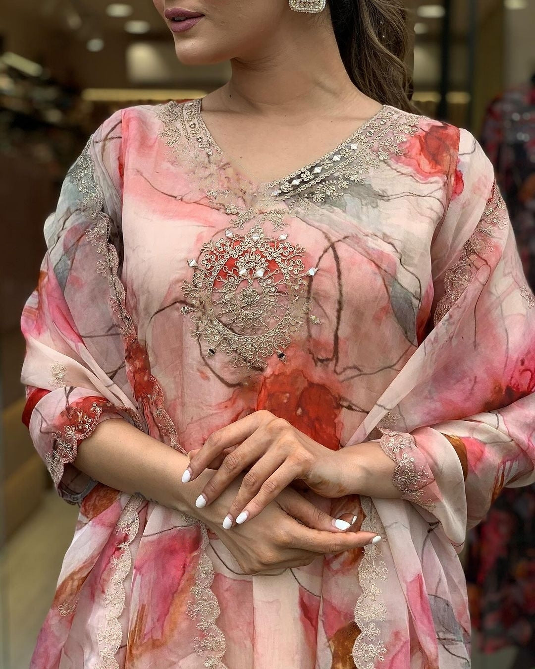 Women's Embroidered Taby Kurta Set with Viscose Pants and Dupatta