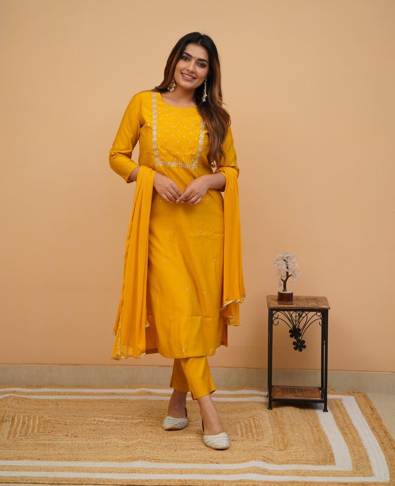 Women's Yellow Rayon Straight Kurta and Pant with Dupatta Set