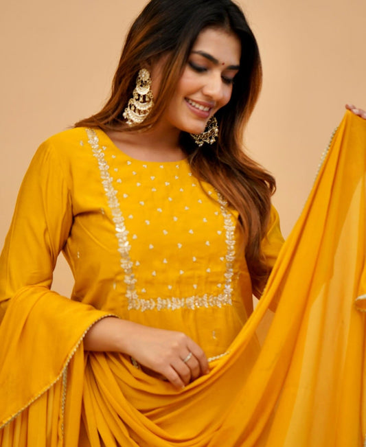 Women's Yellow Rayon Straight Kurta and Pant with Dupatta Set