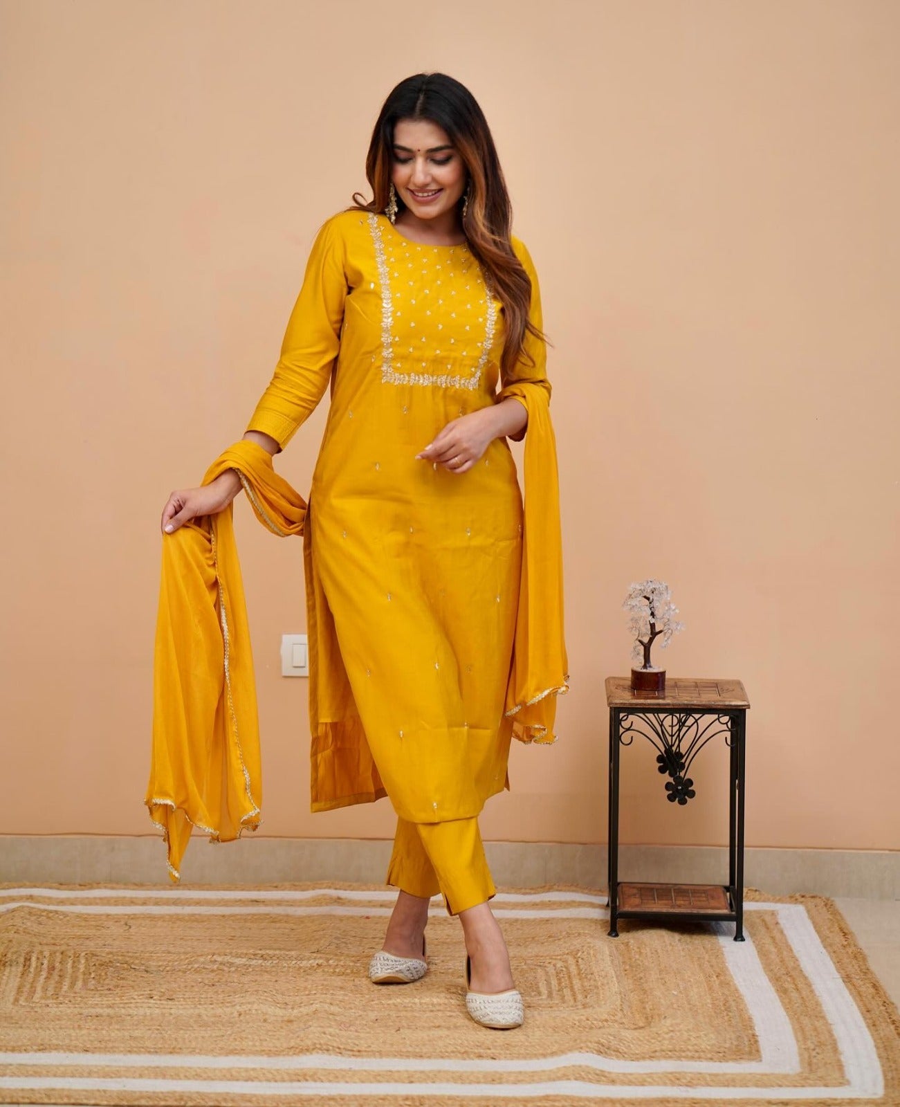 Women's Yellow Rayon Straight Kurta and Pant with Dupatta Set